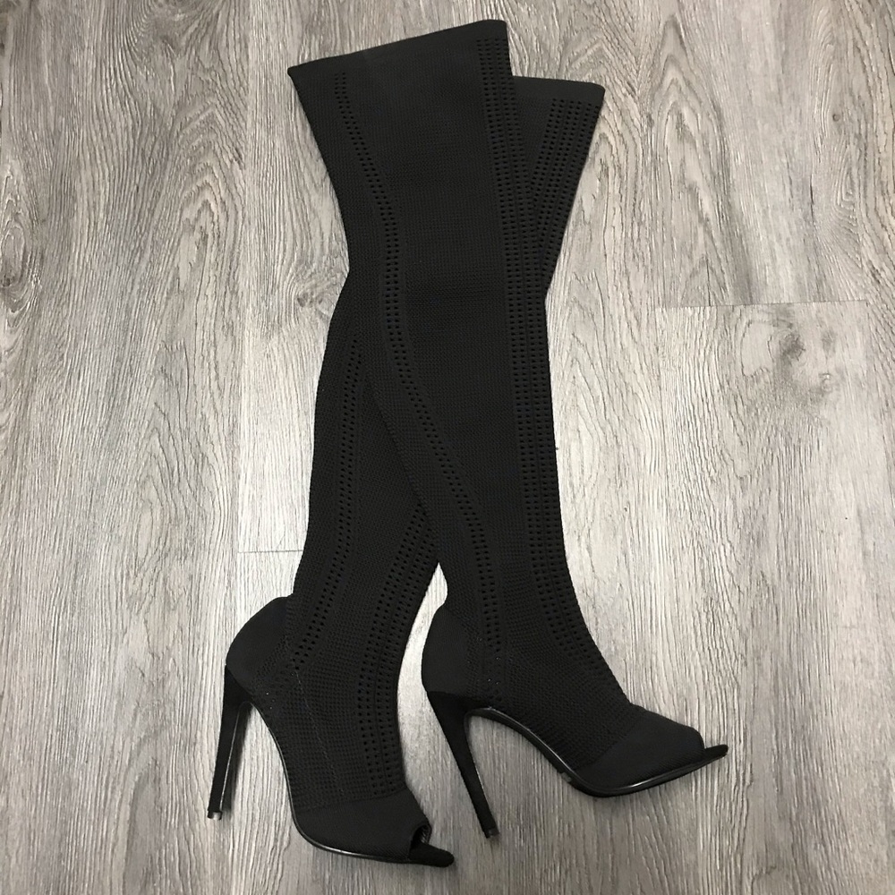 THIGH HIGH PEEP TOE KNIT BOOT